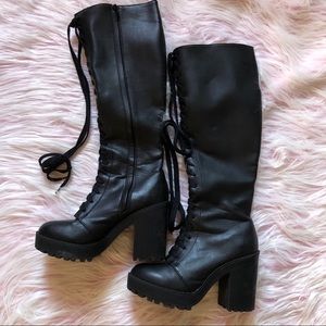 Black knee high lace up boots